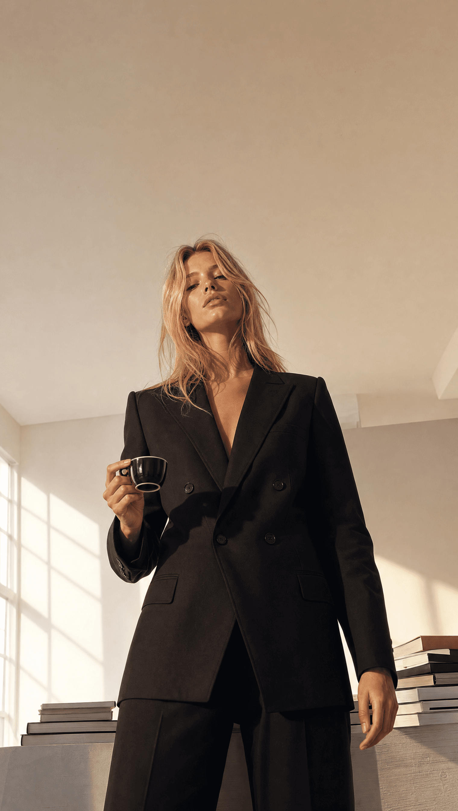 Effortless Power - A Woman in a Black Double-Breasted Blazer Holds an Espresso in Golden Morning Light